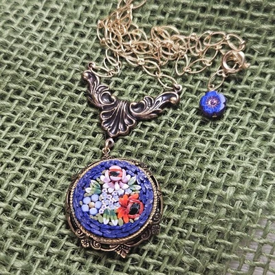 OOAK Necklace VNTG Upcycle Italian Dk Blue Floral Mosaic Gold Filled Chain - Image 1 of 4