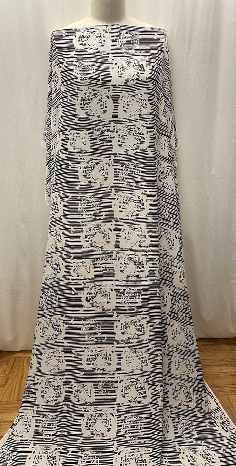 100% Silk Crepe De Chine Black White Tiger Head Print Fabric By The Yd 45" Wide - Image 1 of 4