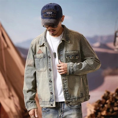 Chaqueta de mezclilla de lujo para hombre Moda lavada informal Moda Abrigo de jean retro de calle alta Foto 1 de 4