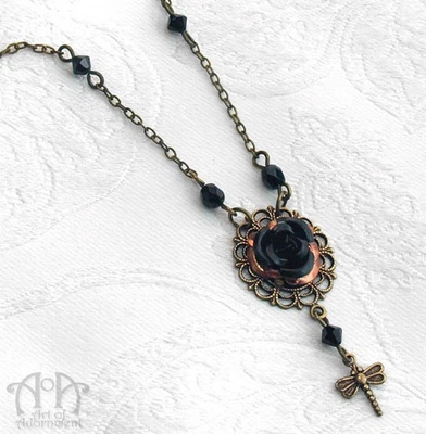 Victorian Bronze Black DRAGONFLY ROSE PENDANT NECKLACE Antiqued Brass Steampunk - Image 1 of 3