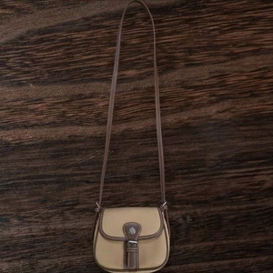 Vintage Tommy Hilfiger Crossbody Bag Small Khaki Beige Brown Canvas Leather Trim - Picture 1 of 13