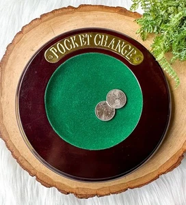 Pocket Change Dish Brass Green Felt Tray Trinket VTG Money Man Cave Wood MCM - Picture 1 of 3