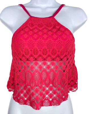 Nuevo con etiquetas Top de Bikini Kenneth Cole Rosa Fucsia Recortado Crochet Popover Volantes Talla S Foto 1 de 4