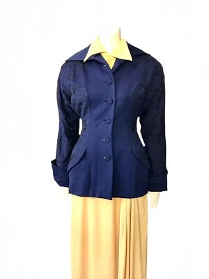 1940s blue gabardine tailored jacket / 40s glass beaded soutache blazer / WWII - Image 1 of 4