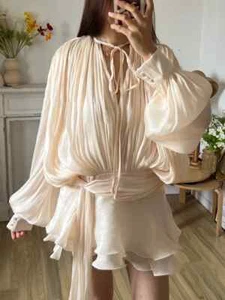 Blusa tinta unita mini abiti da donna scollo a V manica lunga spacco pizzo vestito - Foto 1 di 7
