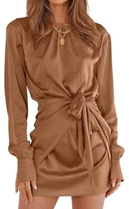 PRETTYGARDEN Womens Satin Dress Long Sleeve Tie Waist Cocktail Mini Dress XL - Picture 1 of 7