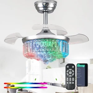 30" Retractable Crystal Ceiling Fan with Light, RGB Modern Fandelier 6 Speeds... - Picture 1 of 6