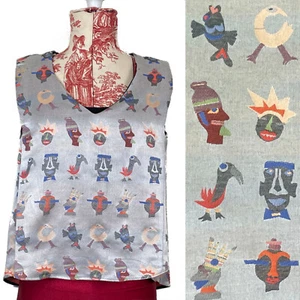 Vtg 80s DESIGNER COTELAC ARCHAEOLOGY BLOUSE  African ? Aritfact Museum Print S - Picture 1 of 12