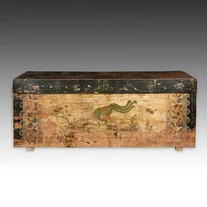 ANTIQUE COFFER LACQUERED PAINTED POPLAR WOOD MONGOLIA CHINESE FURNITURE 19TH C.  - Picture 1 of 10