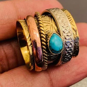 Turquoise Gemstone Gold Plated Spinner Ring Tow tone Meditation Ring Jewelry - Picture 1 of 3