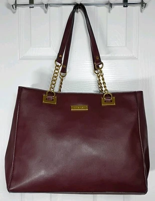 Anne Klein Handbag Tote Purse Lg Maroon Gold Accents Polka Dot Lining  - Image 1 of 4