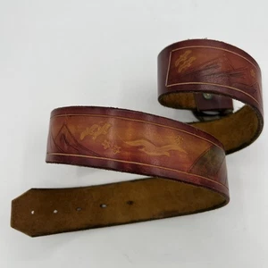 Vintage Hand Tooled Brown Leather Belt W/ Brass Buckle mountains birds Rainbow - Picture 1 of 10