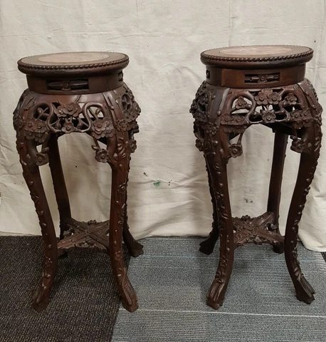Pair of Antique Chinese Carved Rosewood Marble Top Plant Stands/Side Tables Cover