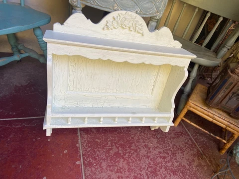 Vintage White Scalloped Wood Shelf Cupboard Wall Hanging Cabinet Curio Display Cover