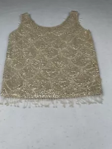 Vtg Women’s Sequined Top Hand Beaded Flapper Made In Hong Kong Small White/cream - Picture 1 of 6