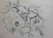 Vintage pencil drawing old town bird's eye view landscape