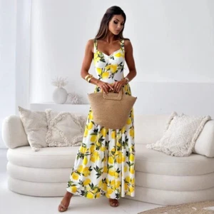 Monaco White Lemon Tropical Flower Multi Print Ruffle Summer Holiday Maxi Dress - Picture 1 of 5