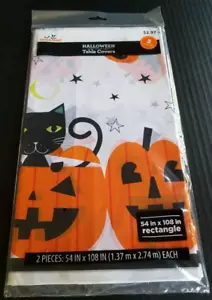 Mantel rectangular de plástico celebrado de 2 piezas 54""x108"" calabazas y gatos negros - Imagen 1 de 4