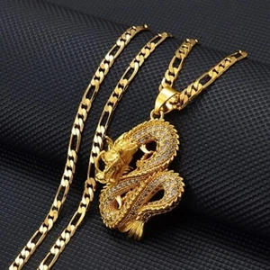 18K Gold Filled Over Brass Mens 24" Zircon Dragon Pendant Necklace D375 - Picture 1 of 5