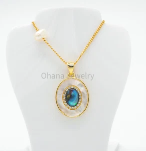 Natural Mother of Pearl Copper Freshwater Pearl 18" Necklace - Abalone Shell - Picture 1 of 1