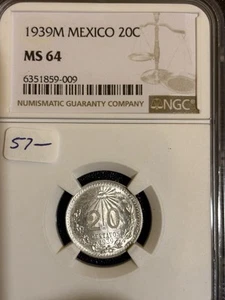 1939 M Mexico 20 Centavos Silver Ngc Ms 64 Pretty Gem - Picture 1 of 2
