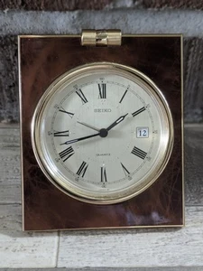 Vtg 70's-80's Seiko Quartz Brown & Gold Tone Bezel Casing Desk Clock QQ103B - Picture 1 of 14