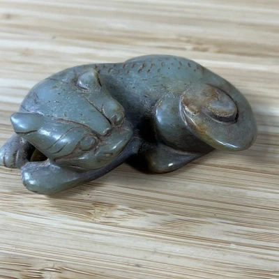 Antiguo Tallado Verde Jade Chino Fu León Gato Reclinado Exquisito Talla Fina Foto 1 de 4