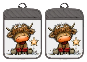 Highland Cow Holiday Star Gift Pot Holders Oven Mitts Hot Pad Linen Towel XDZ349 - Bild 1 von 14