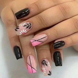 Black Press on Nails Medium Square Fake Nails with Fashion Flower Leaves Desi... - Picture 1 of 6
