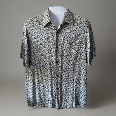 Men's L Crazy Horse Shirt Button Down Short Sleeve Geometric Blue Taupe Gray 46c - Image 1 of 4