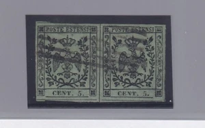 1855 Modena: 5c. verde oliva (N° 8) coppia orizzontale ben marginata. (385/s69) - Foto 1 di 1