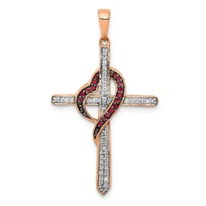 14k 14kt Rose Pink Gold Red & White Diamond Cross Heart Pendant - Picture 1 of 4