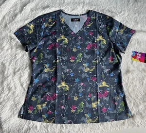 Koi French Bull Scrub Top Women’s XL Blue Lulu Denim Butterfly Nursing Medical - Picture 1 of 12
