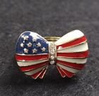 American Flag Bow Shaped Ring Marked NRT Rhinestones Gold Tone Red White Blue 