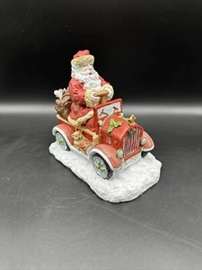 Vintage Porcelain Santa On Wheel Antique Red Car Sculpture With Snow Base 6 inch - Picture 1 of 7