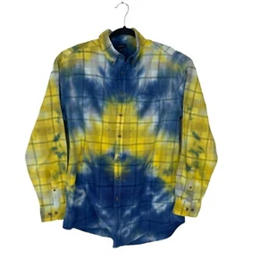 Upcycling handgefärbt Grunge Rocker Baumwolle Flanell Hemd Large blau und gelb - Bild 1 von 5