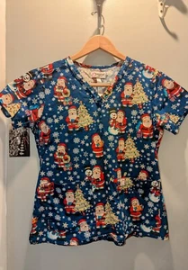 Peaches Uniform Scrub Top M Christmas Santa Trees Sparkles Blue - Picture 1 of 4