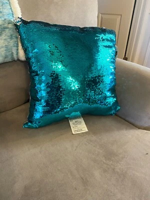 Brand New Aquamarine Blue Green and Silver Large 17" Sequins Pillow Gray Back - Image 1 of 4