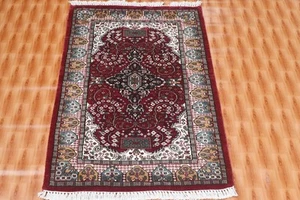 Oriental Traditional 2.6x4 Hand Knotted Silk Red Geometric Bedroom Rug - Picture 1 of 6