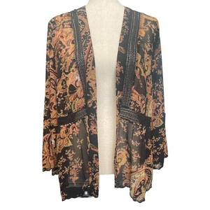 Soft Surroundings Silky Black/Gold Print Lace Trim Caftan L - Picture 1 of 8