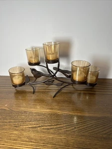 Cinco candelabros de vidrio ámbar de hierro forjado pájaros decoración de metal con velas - Imagen 1 de 8