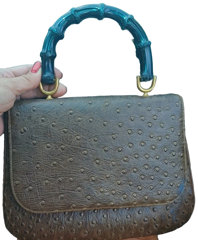 Vtg Acrylic Faux Bamboo Handle Ostrich GRETA hand bag purse Flap 3 Section Brown - Imagem 1 de 4