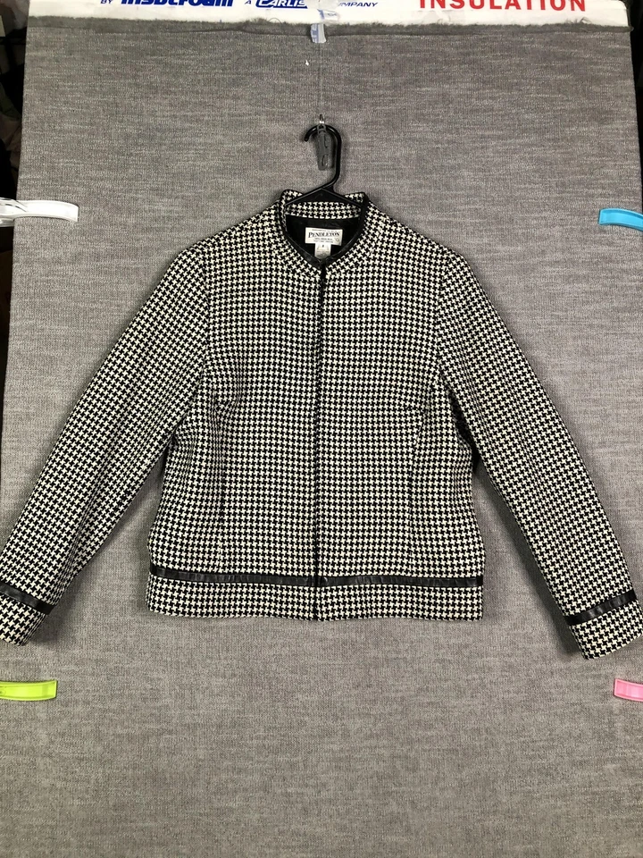 Pendleton Jacket Womens 8 Black White Houndstooth Wool Leather Trim USA Made - Image 1 of 4