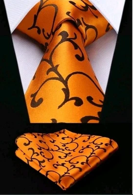金色橙色佩斯利丝绸领带套装带口袋方形 — 第 1/4 张图片