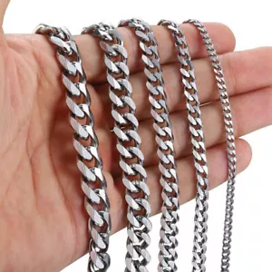 16"-30" Stainless Steel Silver Chain Cuban Curb Men Women Necklace 3/5/7/9/11mm - Picture 1 of 14