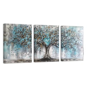 ChaudArt 3 Pieces Abstract Tree Wall Art Teal Blue Tree a Blue Heart in The M... - Picture 1 of 8