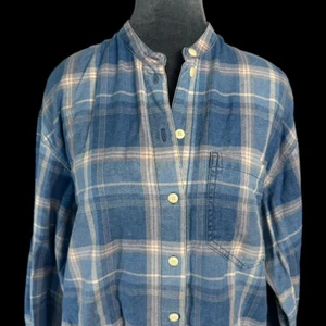 Vintage 80s Lizwear plaid cotton chambray denim baggy button down shirt Sz M - Picture 1 of 8