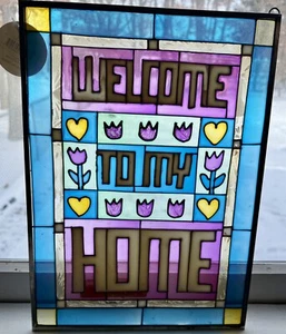 NEW Stained Glass Like Hanging Plaque "Welcome to My Home" 13.5"x10" Pink Teal - Picture 1 of 10