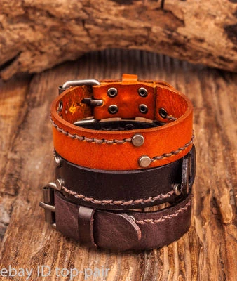 DS13 Mens Surfer Single Wrap Vintage Leather Hemp Lined Bracelet Wristband Cuff - Image 1 of 4