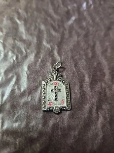 Vintage Theda Cross Necklace Sterling Silver Enamel Roses Marcasite Victorian  - Picture 1 of 10